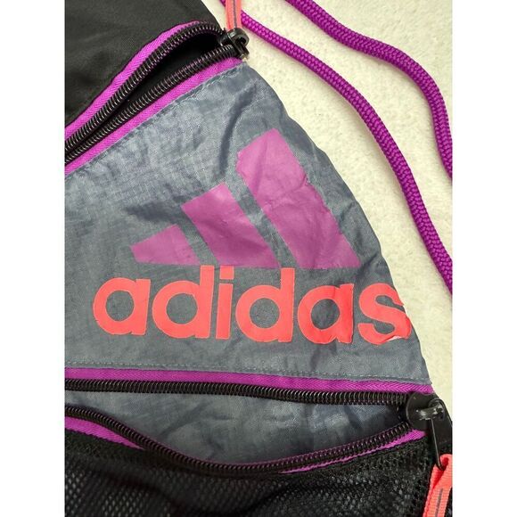 Adidas Purple Drawstring Bag With Zipper Pocket Logo Straps Gym‎ Training - Picture 6 of 6